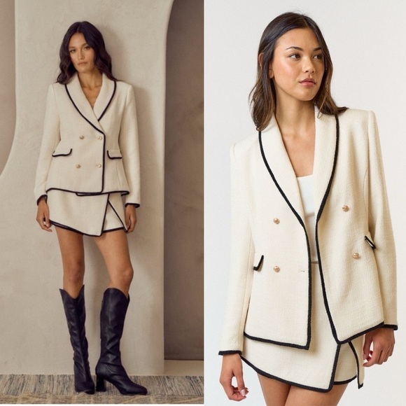 116. Two-Tone Trim Bouclé Double-Breasted Blazer and Skort Set - Picture 2 of 3